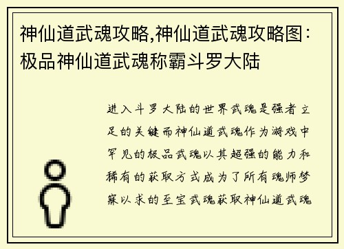神仙道武魂攻略,神仙道武魂攻略图：极品神仙道武魂称霸斗罗大陆